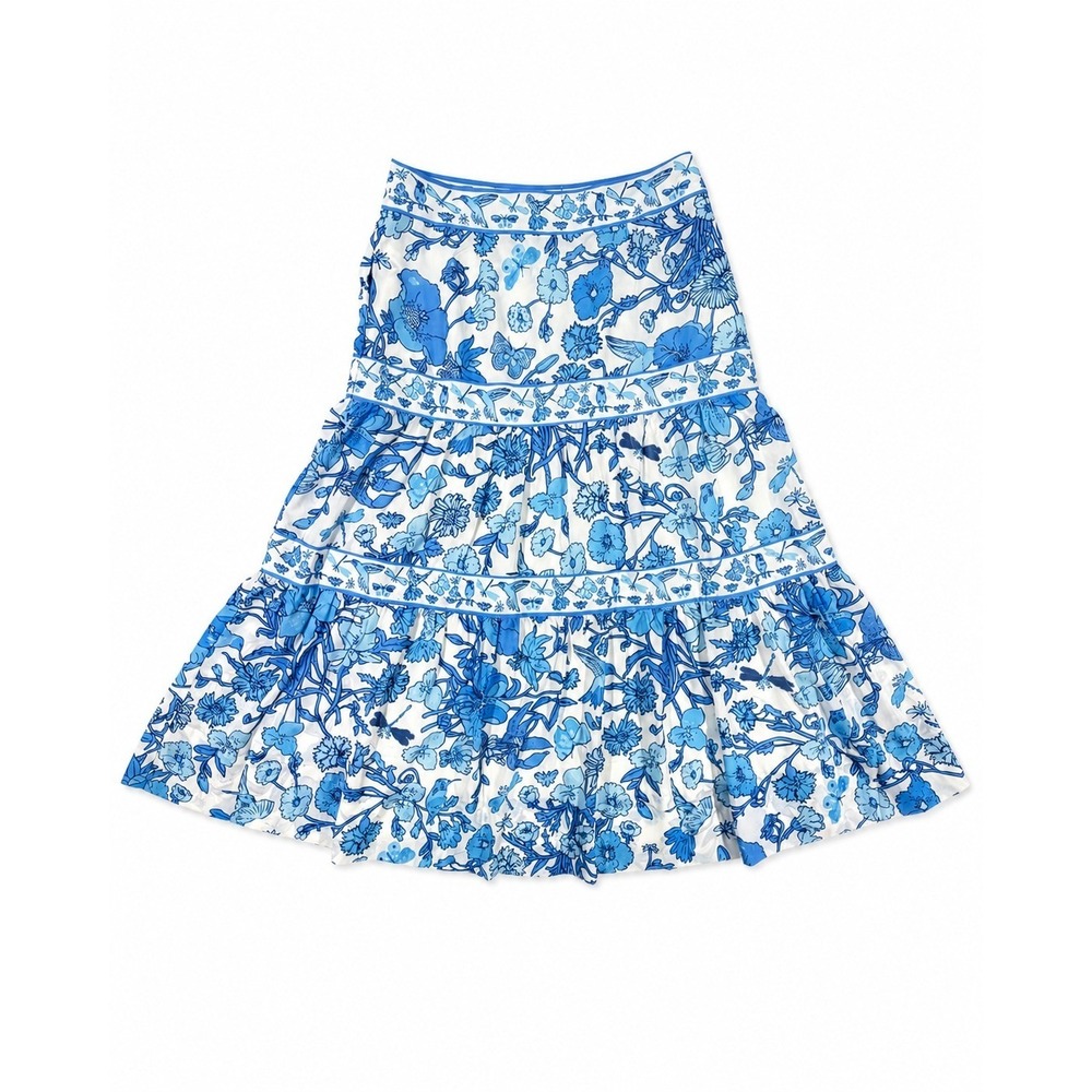Gretchen‎ Scott Floral Bird Print Maxi Skirt Womens XS Blue White Pockets Summer